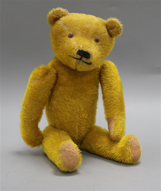 A 1920s American teddy bear, Joey, with golden mohair, clear and black eyes painted on reverse, pronounced